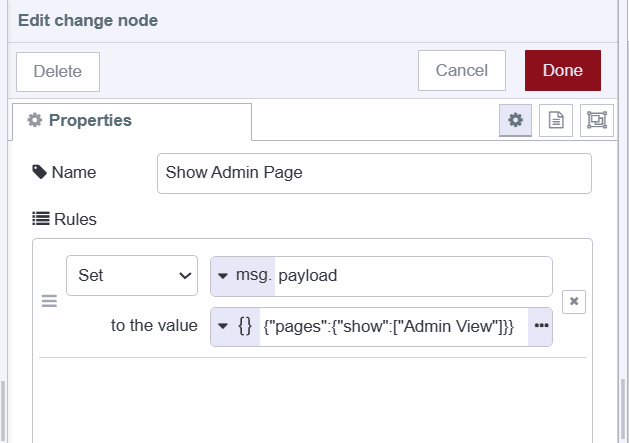 "Screenshot displaying the change node which contains payload to show admin page"