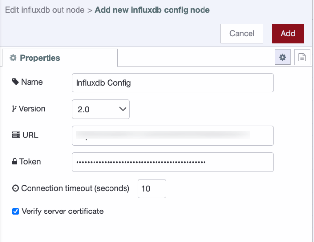 InfluxDB server configuration in Node-RED showing version, URL, and API token fields.