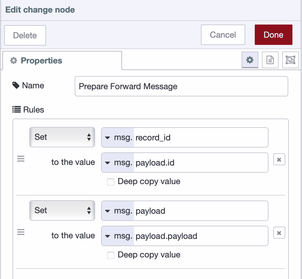 Change node extracting record ID and payload for forwarding